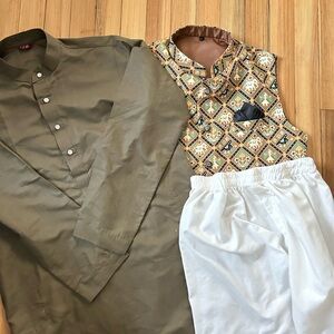 Mens Green Kurta Printed Vest and White Pants Wedding Outfit Indian Medium M